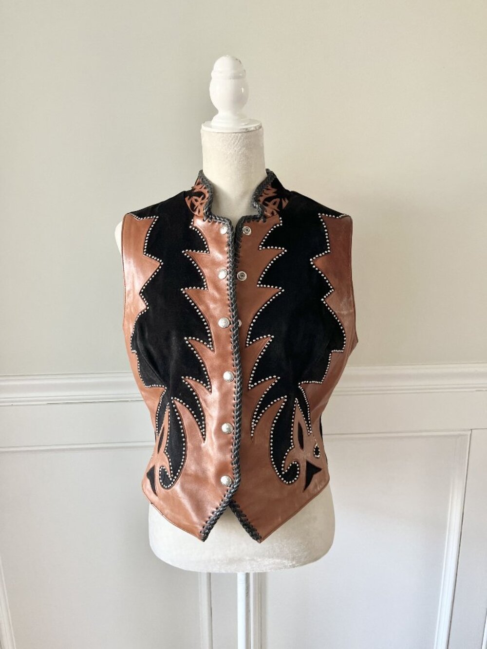 Vintage Diamond Leathers Black Suede & Brown Leather Vest Size 12 Fringe & Studd
